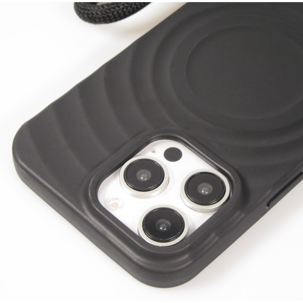 Coque iPhone 16 Pro - Silicone Soft Touch MagSafe avec vagues et lanière - Noir