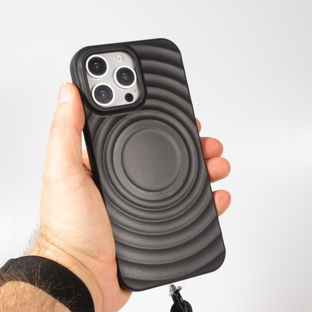 Coque iPhone 16 Pro - Silicone Soft Touch MagSafe avec vagues et lanière - Noir