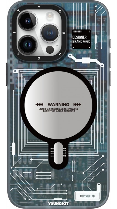 Coque iPhone 16 Pro - Youngkit silicone compatible MagSafe design circuit style puce électronique - Bleu