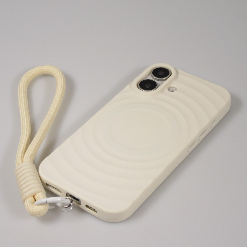 iPhone 16 Case Hülle - Silikon Soft Touch MagSafe mit Wellen und Handschlauf - Weiss