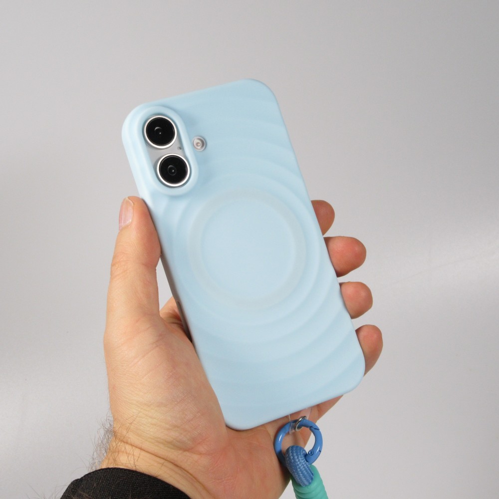 Coque iPhone 16 - Silicone Soft Touch MagSafe avec vagues et lanière - Bleu