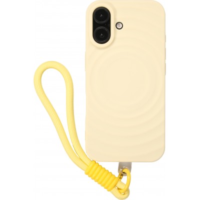 Coque iPhone 16 - Silicone Soft Touch MagSafe avec vagues et lani&egrave;re - Jaune