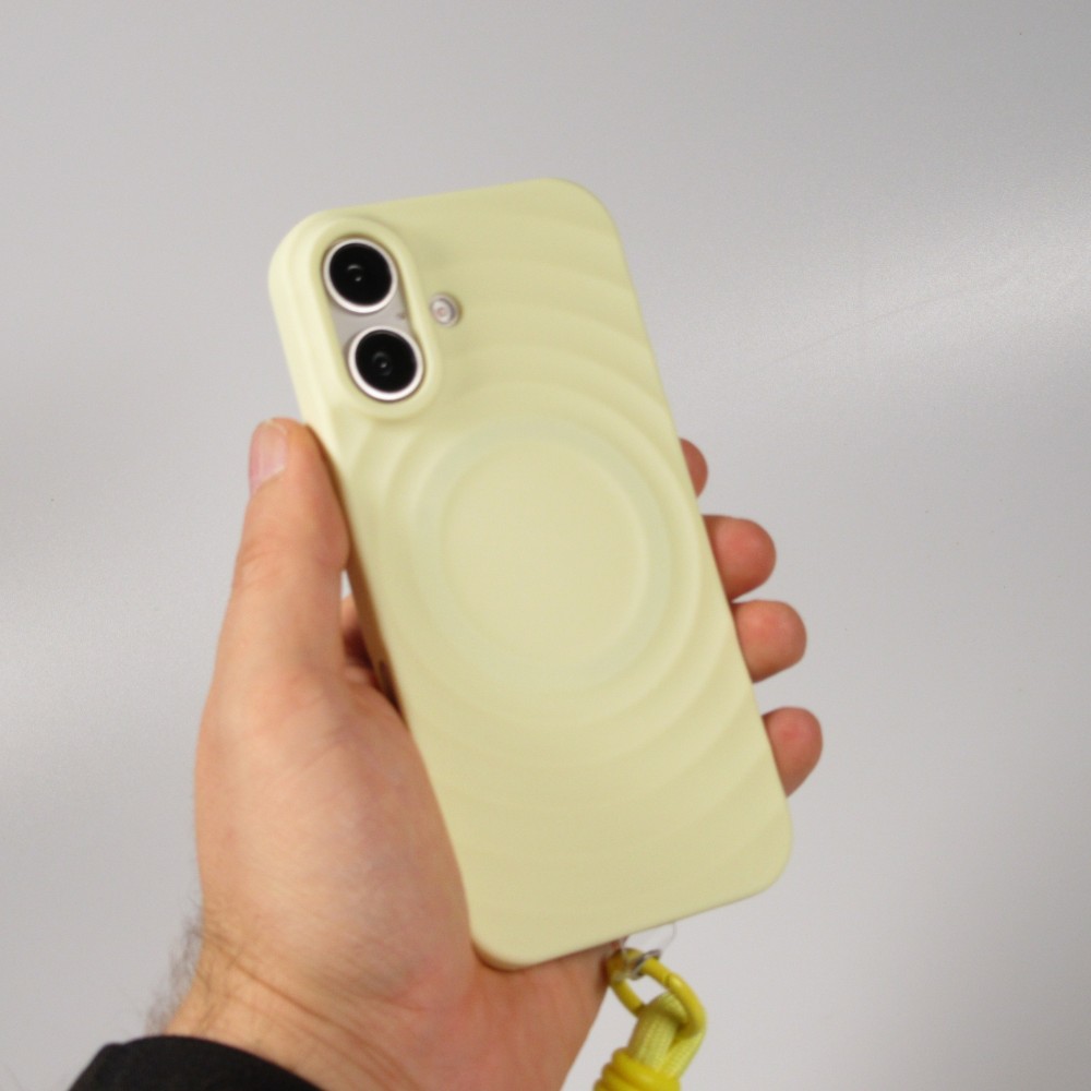 Coque iPhone 16 - Silicone Soft Touch MagSafe avec vagues et lanière - Jaune
