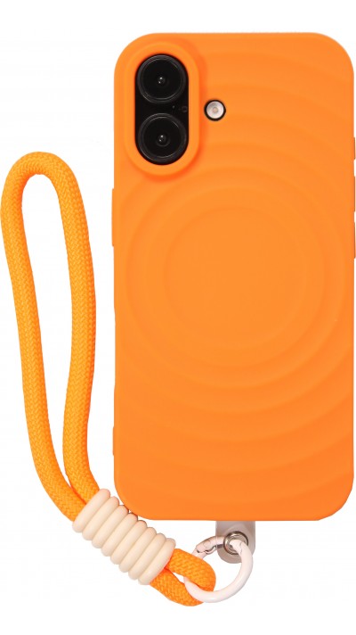 iPhone 16 Case Hülle - Silikon Soft Touch MagSafe mit Wellen und Handschlauf - Orange