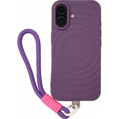 iPhone 16 Case H&uuml;lle - Silikon Soft Touch MagSafe mit Wellen und Handschlauf - Violett