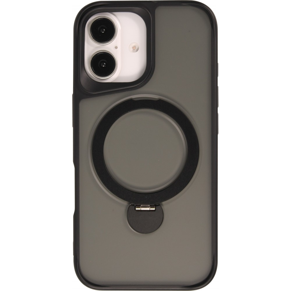 Coque iPhone 16 - Transparente minimaliste avec anneau rotatif et bords renforcés  - Noir