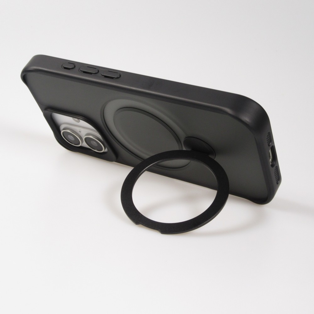 Coque iPhone 16 - Transparente minimaliste avec anneau rotatif et bords renforcés  - Noir