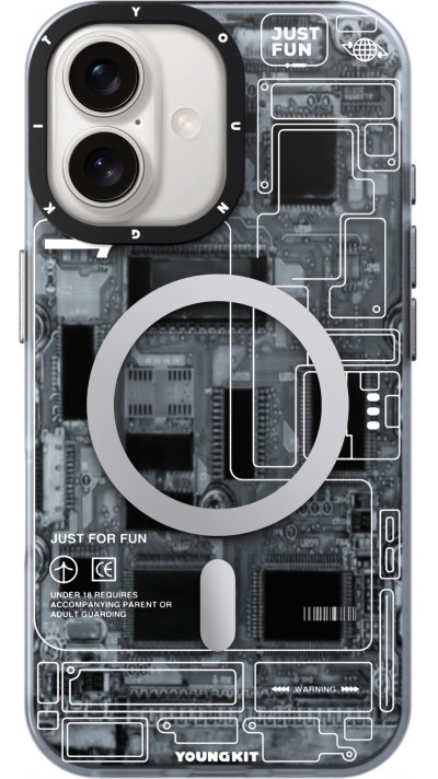 Coque iPhone 16 - Youngkit silicone compatible MagSafe design circuit style puce électronique - Gris