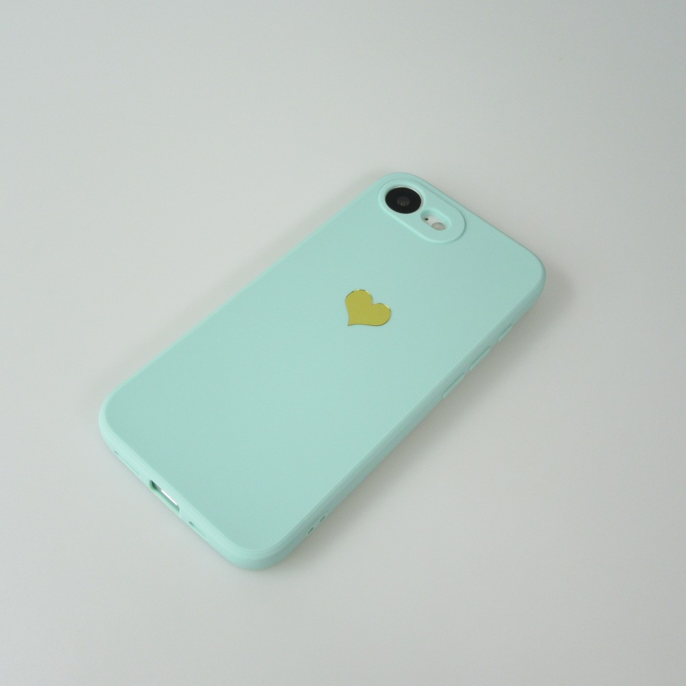 iPhone 16e Case Hülle - Silikon Mat Herz gold - Türkis