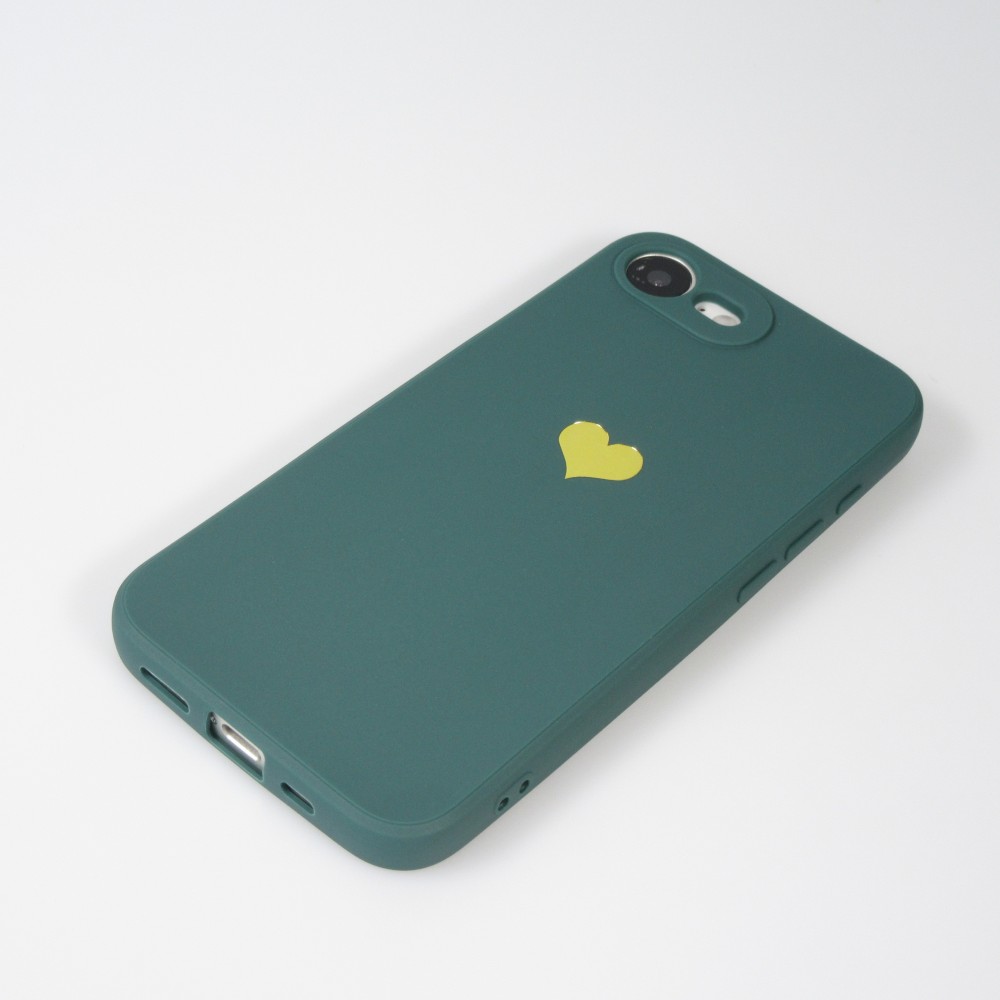Coque iPhone 16e - Silicone Mat Coeur doré - Vert foncé