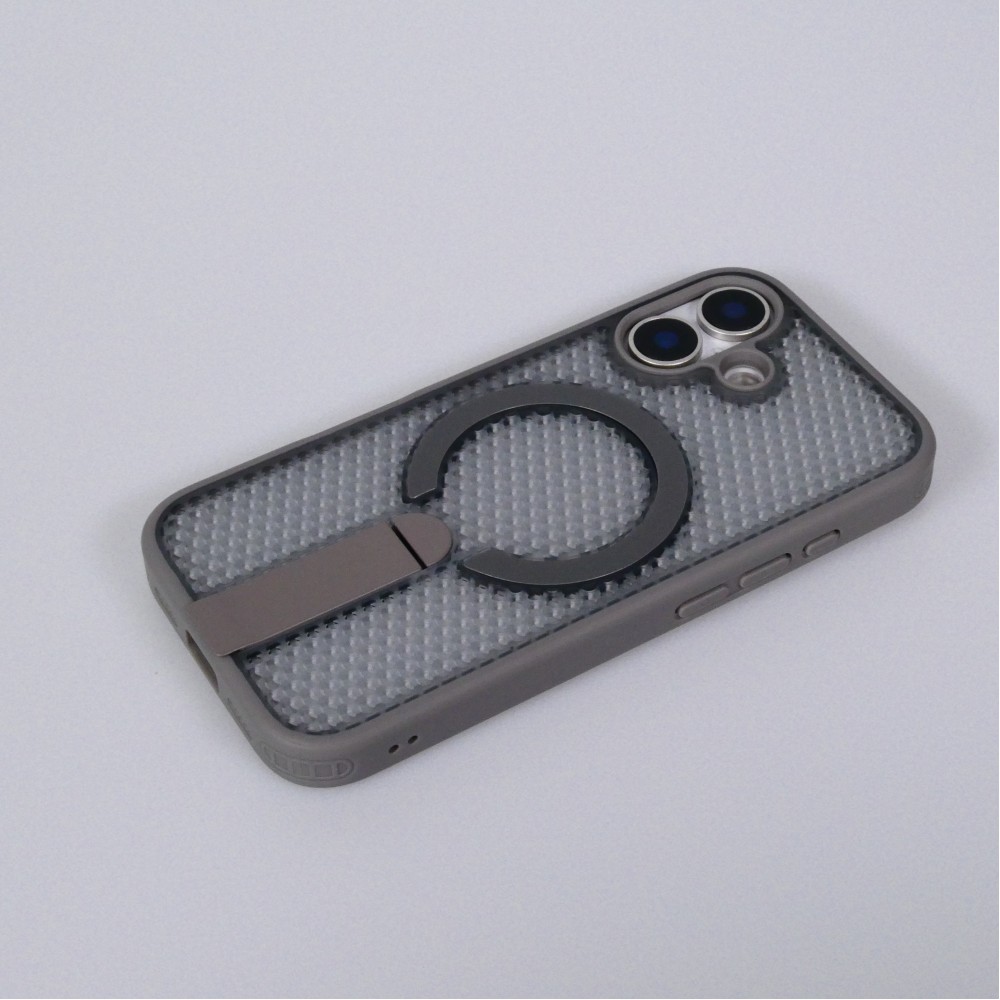 Coque iPhone 17 - Design perfor&eacute; semi-transparent MagSafe avec support int&eacute;gr&eacute; et bords renforc&eacute;s en silicone - Gris