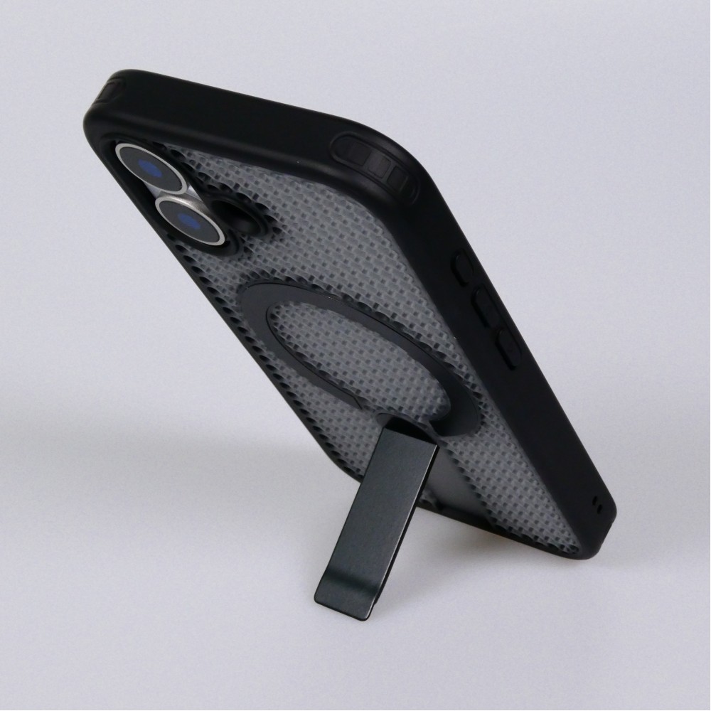 Coque iPhone 17 - Design perfor&eacute; semi-transparent MagSafe avec support int&eacute;gr&eacute; et bords renforc&eacute;s en silicone - Noir