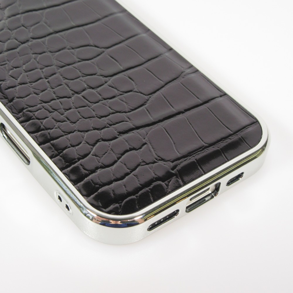 iPhone 17 Case Hülle - Holographisches Schlangenhaut-Leder-Effekt mit trendigem Glanz und stylischer schützender Kunststoffpolsterung - Schwarz