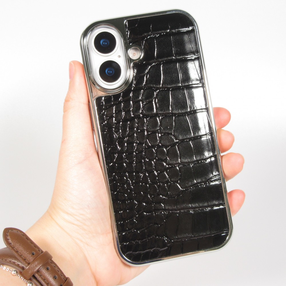iPhone 17 Case Hülle - Holographisches Schlangenhaut-Leder-Effekt mit trendigem Glanz und stylischer schützender Kunststoffpolsterung - Schwarz