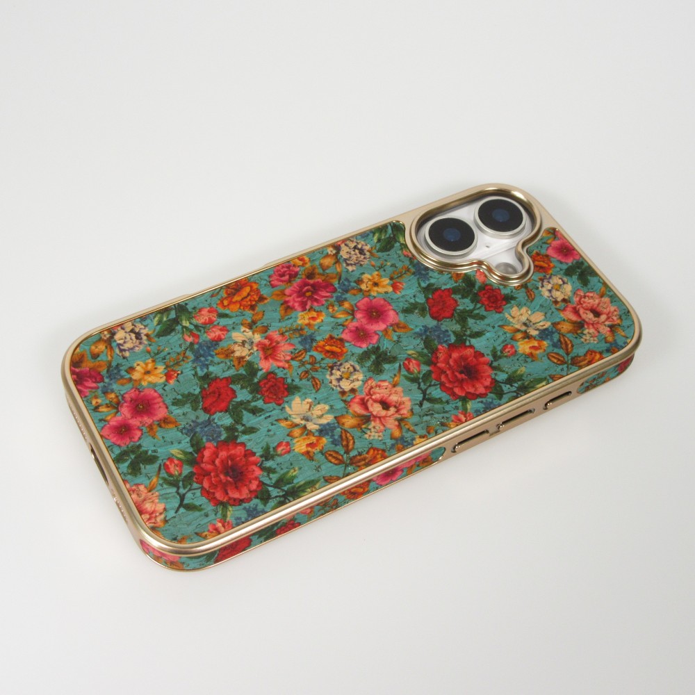 Coque iPhone 17 - Fleurs vintage avec une texture en liège légère et élégante - Bleu