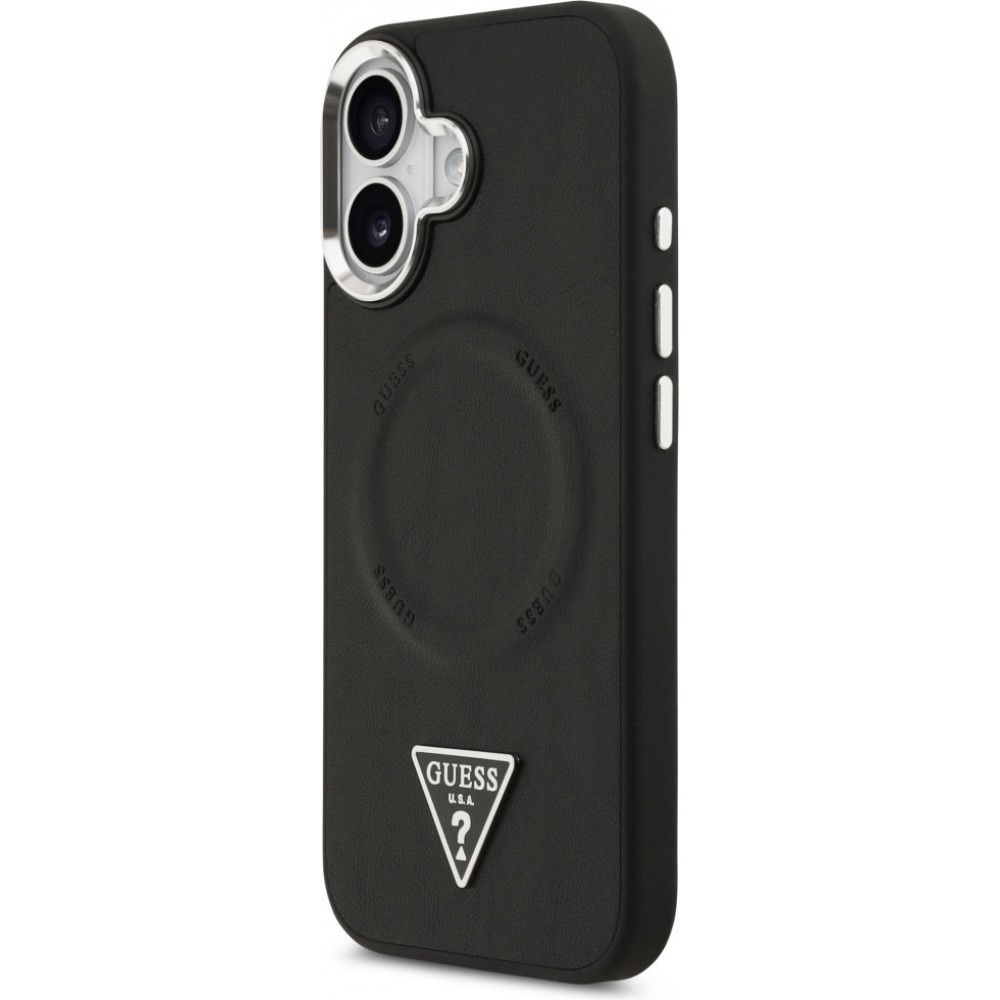 Coque iPhone 17 - Guess MagSafe cuir PU avec logo triangle et cadre caméra métal argenté - Noir