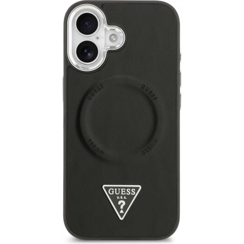 Coque iPhone 17 - Guess MagSafe cuir PU avec logo triangle et cadre caméra métal argenté - Noir