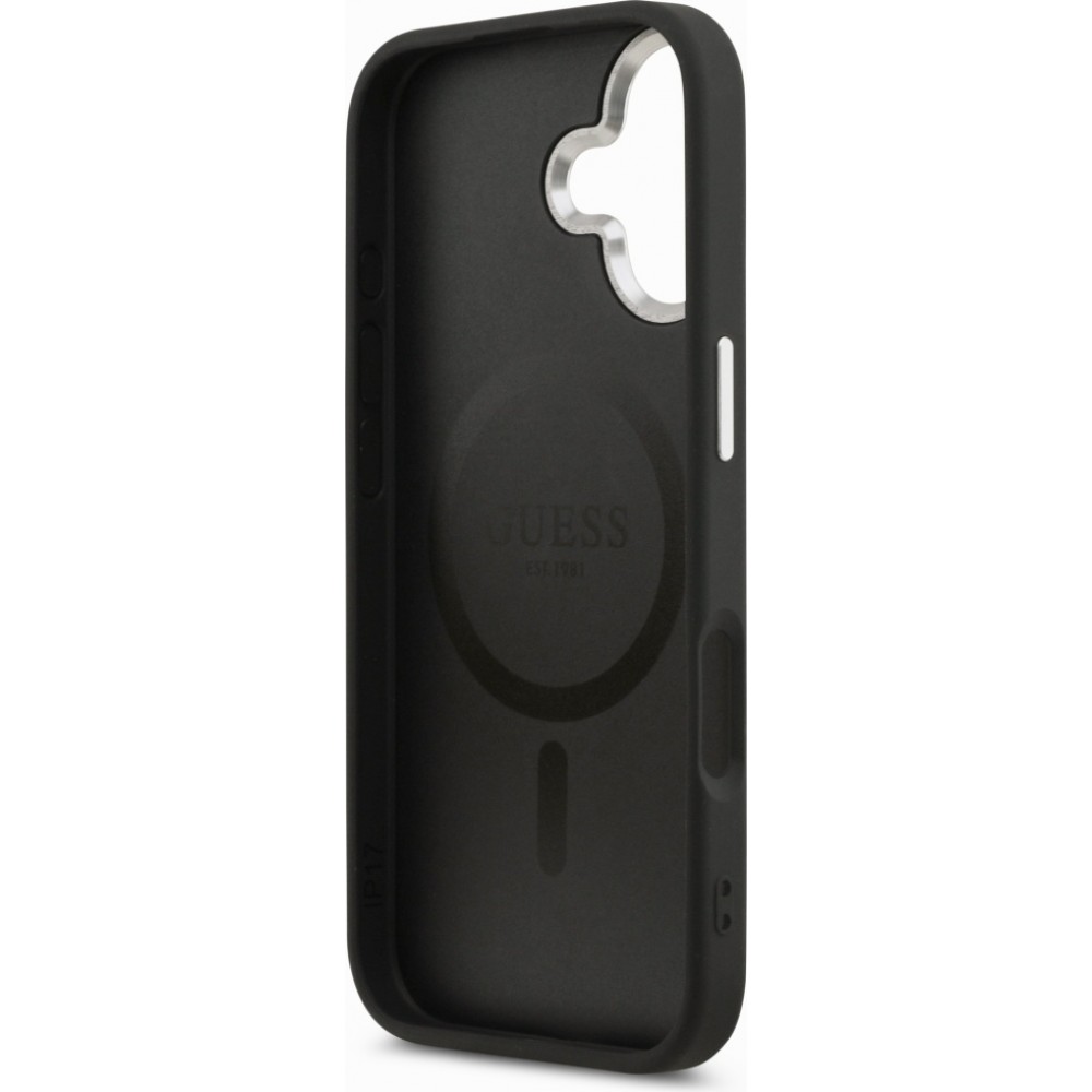Coque iPhone 17 - Guess MagSafe cuir PU avec logo triangle et cadre caméra métal argenté - Noir