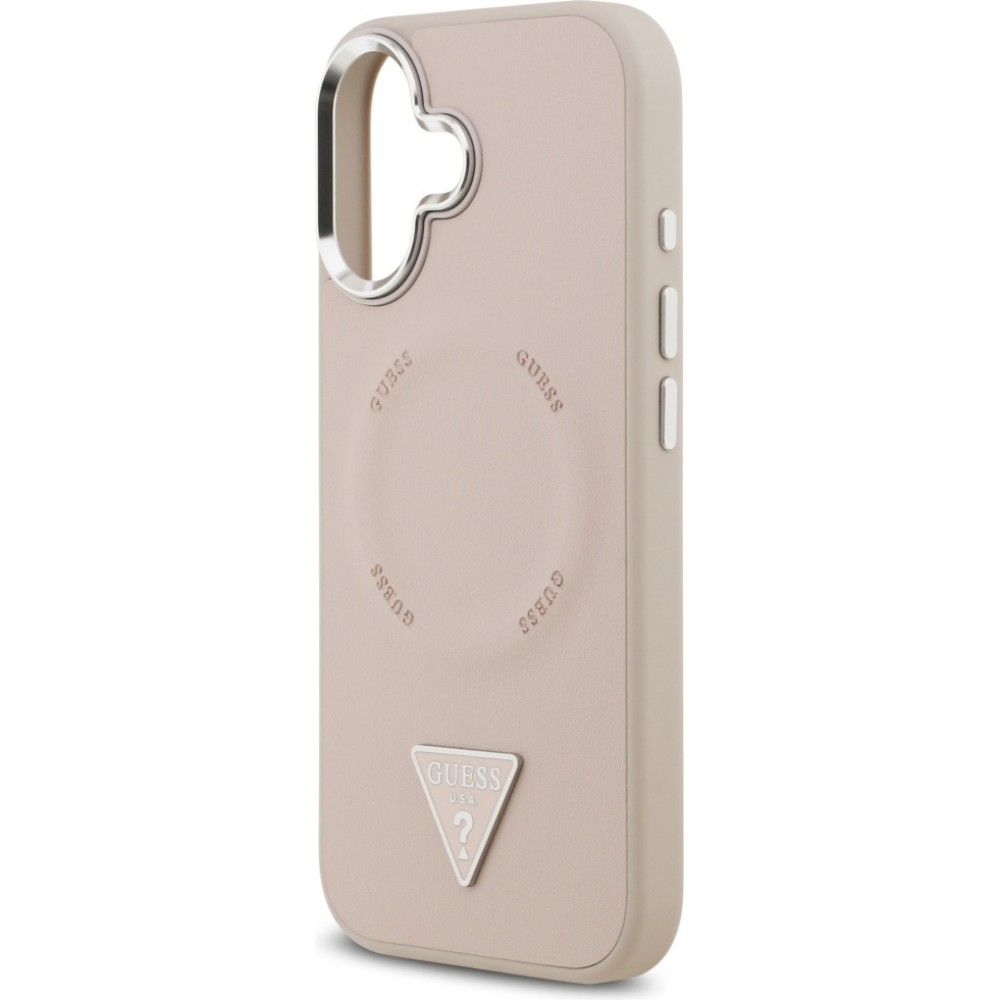 iPhone 17 Case Hülle - Guess MagSafe PU-Leder mit Triangel-Logo und silbernem Kamerarahmen - Rosa