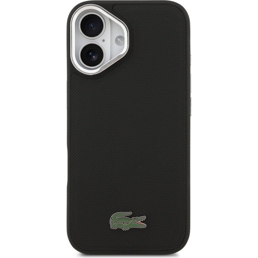 Coque iPhone 17 - Lacoste Iconique Petit Piqué MagSafe avec support en métal sur la caméra - Noir