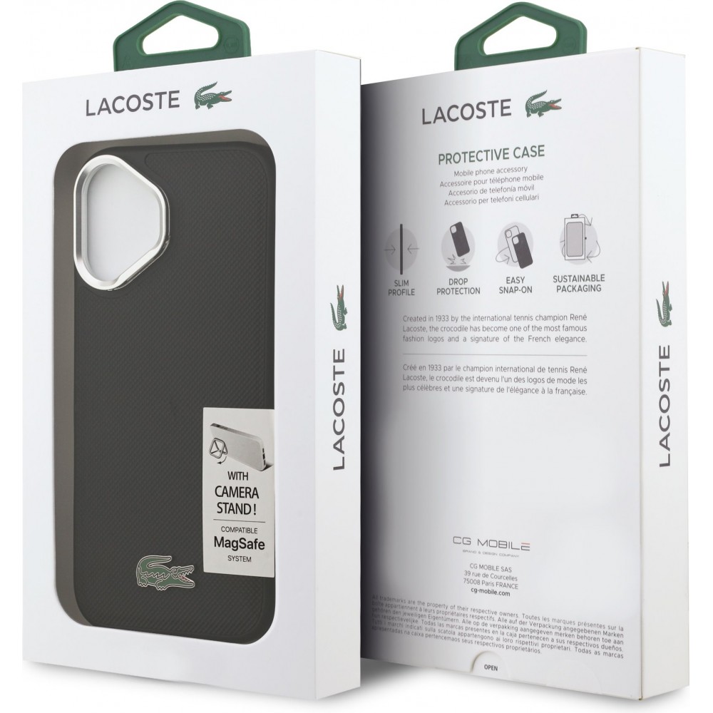 Coque iPhone 17 - Lacoste Iconique Petit Piqué MagSafe avec support en métal sur la caméra - Noir