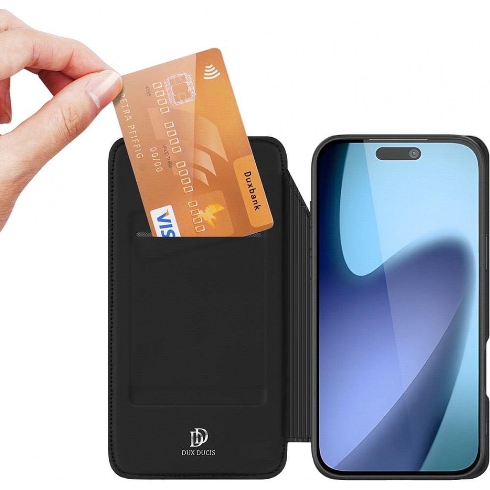 Coque iPhone 17 Pro - Dux Ducis Skin Pro avec rabat et emplacement pour cartes en cuir synthétique PU et TPU flexible - Noir