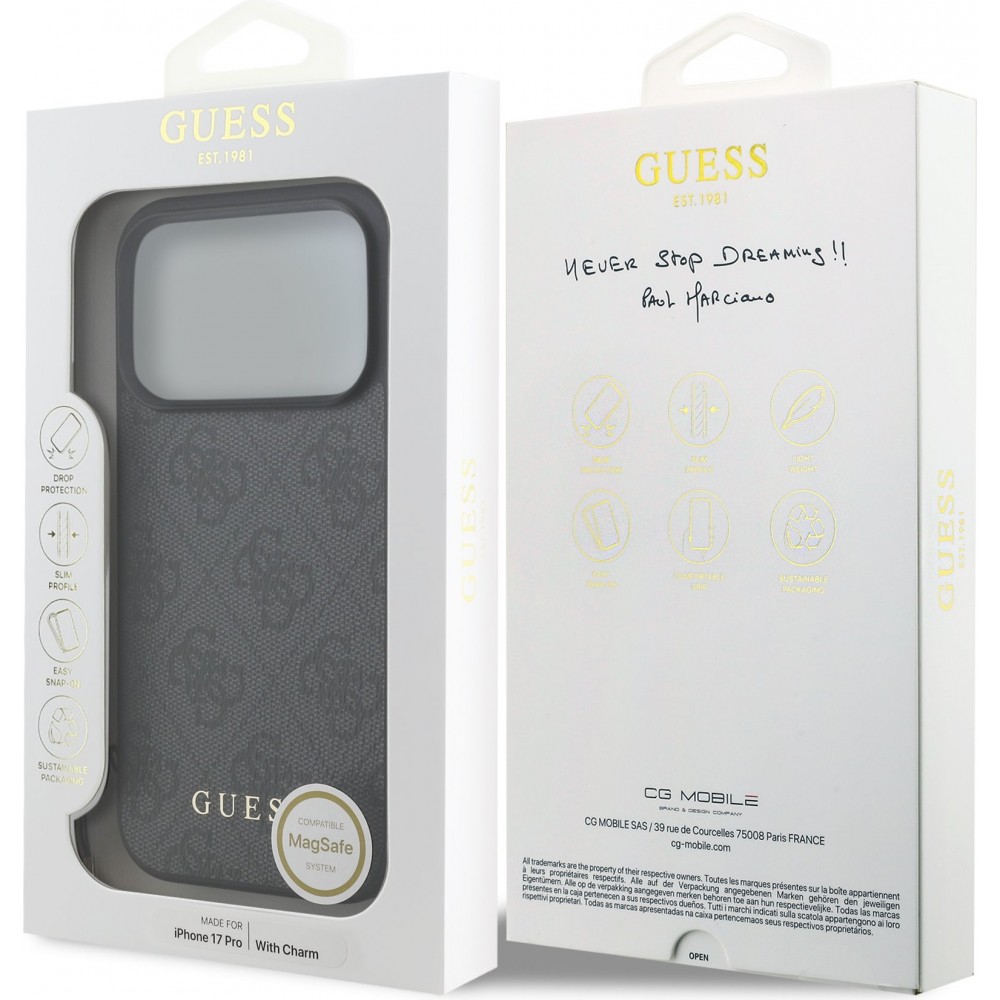 Coque iPhone 17 Pro - Guess 4G charm protection élégante design raffiné accessoire tendance - Gris