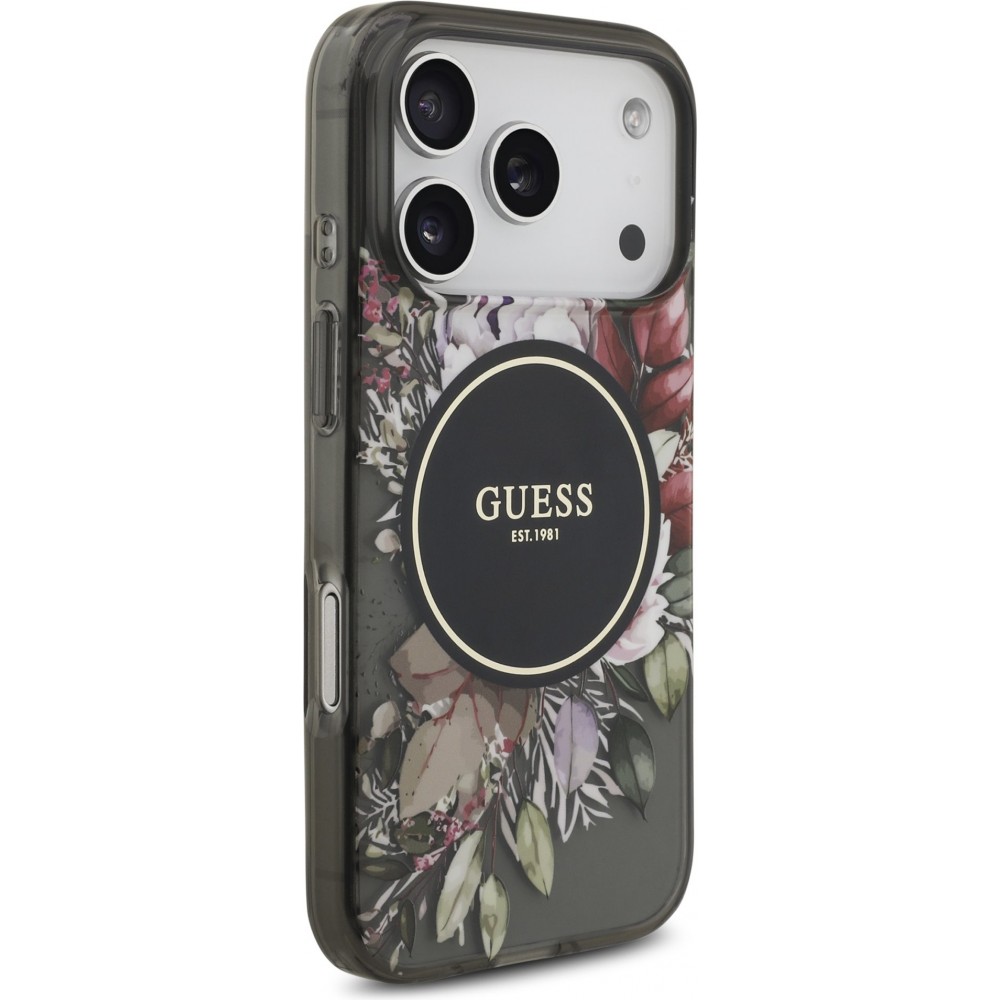 Coque iPhone 17 Pro - Guess IML fleurs avec chaîne poignet compatible MagSafe protection élégante et tendance - Noir