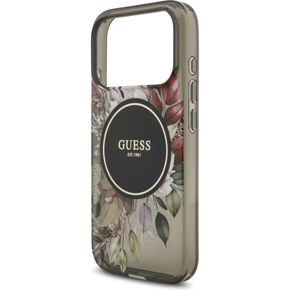 Coque iPhone 17 Pro - Guess IML fleurs avec chaîne poignet compatible MagSafe protection élégante et tendance - Noir
