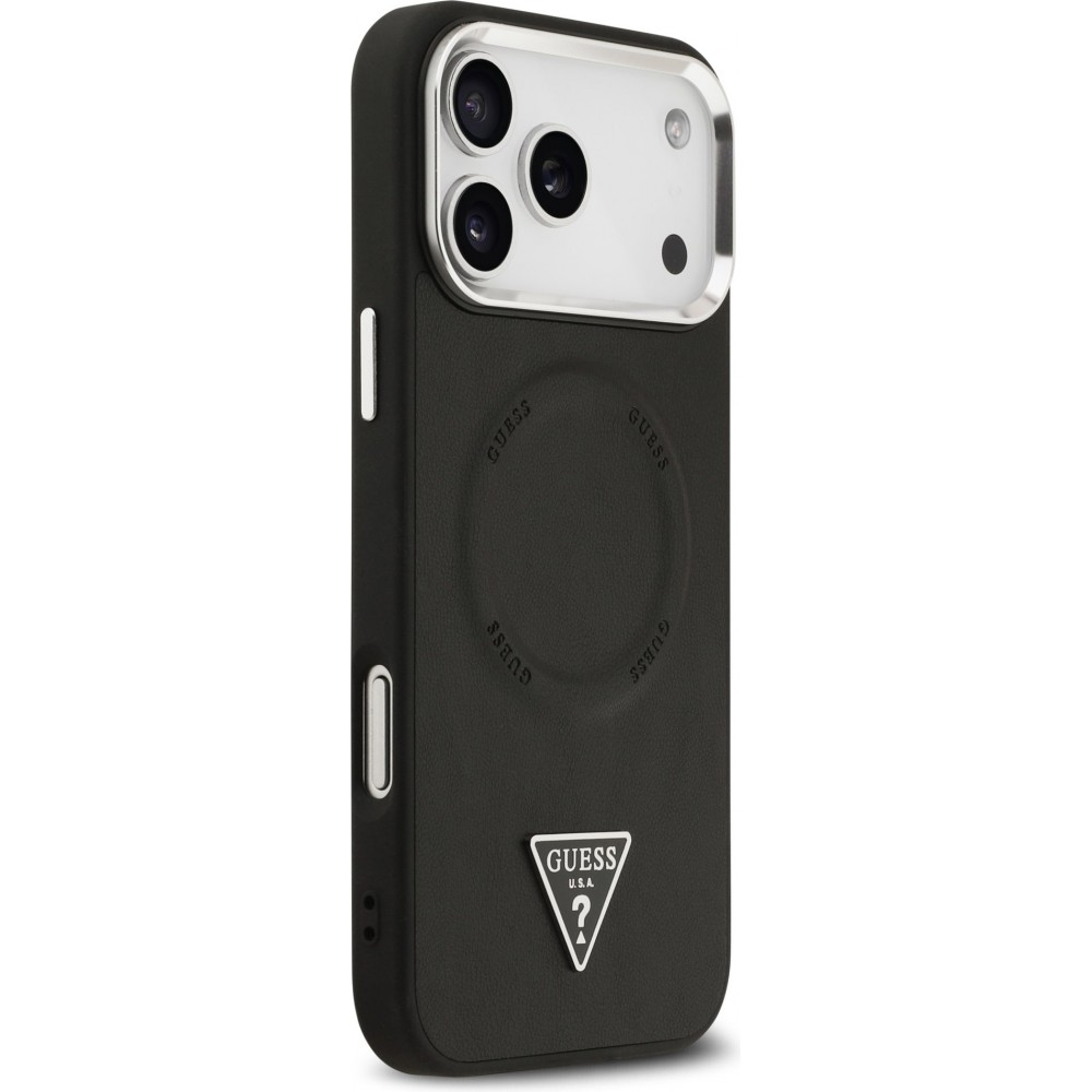 Coque iPhone 17 Pro - Guess MagSafe cuir PU avec logo triangle et cadre caméra métal argenté - Noir