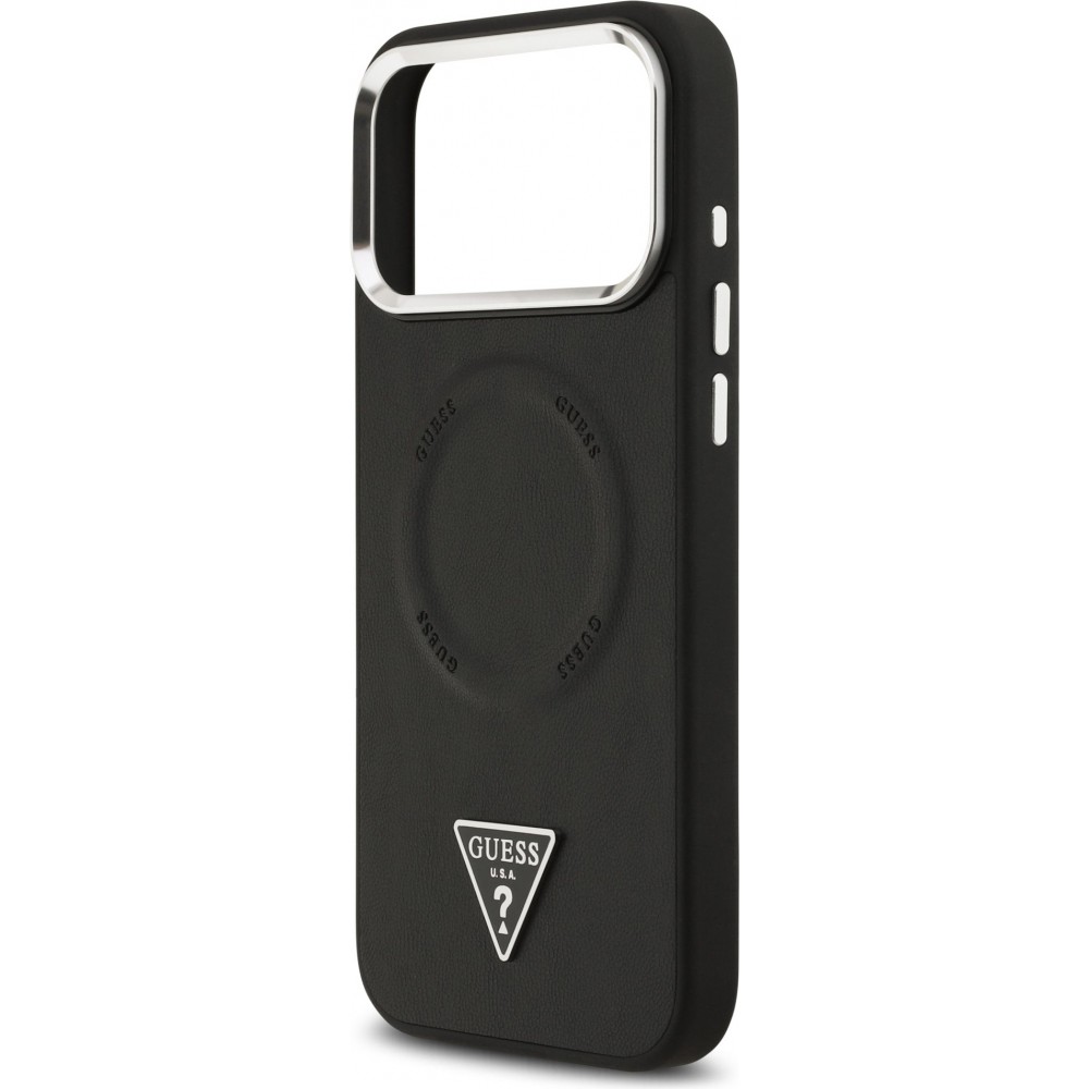 Coque iPhone 17 Pro - Guess MagSafe cuir PU avec logo triangle et cadre caméra métal argenté - Noir