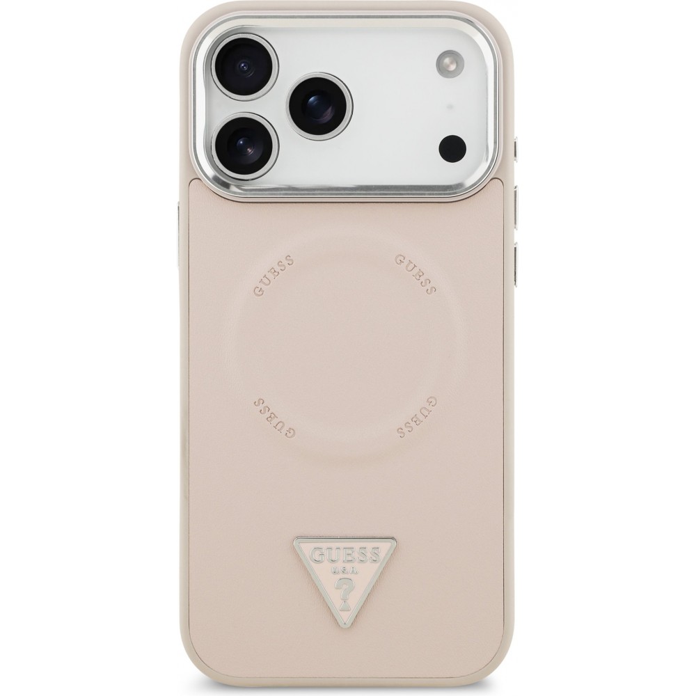 Coque iPhone 17 Pro - Guess MagSafe cuir PU avec logo triangle et cadre caméra métal argenté - Rose