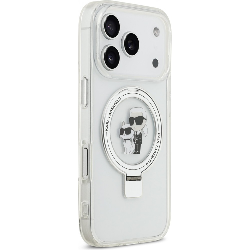 Coque iPhone 17 Pro - Karl Lagerfeld et Choupette Ringstand MagSafe avec anneau support - Blanc