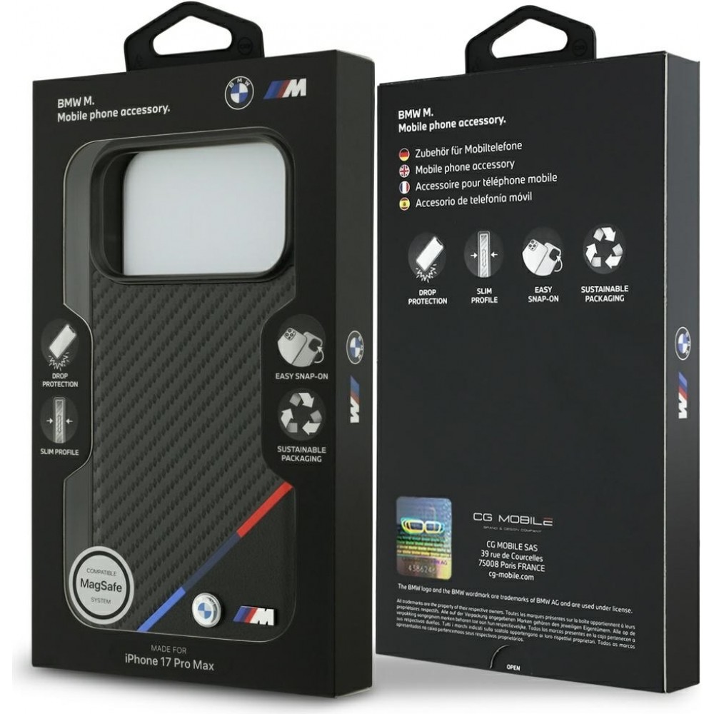 Coque iPhone 17 Pro Max - BMW M Carbon Tricolor Line compatible MagSafe protection premium - Noir