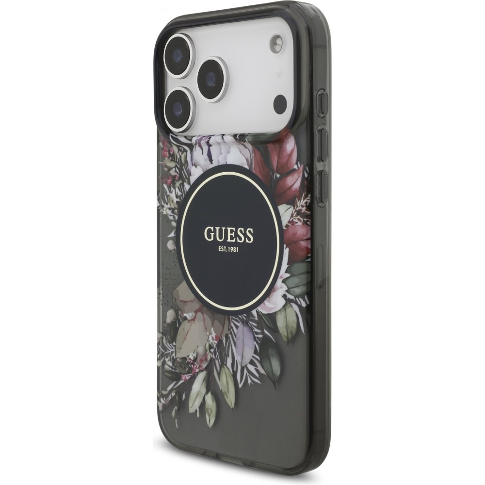 iPhone 17 Pro Max Case Hülle - Guess IML Blumen mit Handgelenk-Kette, kompatibel mit MagSafe elegante und trendige Schutzhülle - Schwarz