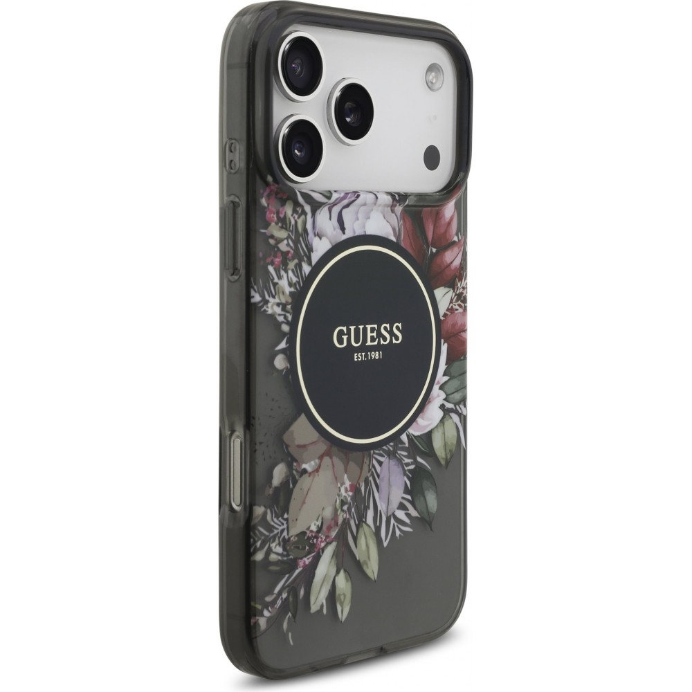 iPhone 17 Pro Max Case Hülle - Guess IML Blumen mit Handgelenk-Kette, kompatibel mit MagSafe elegante und trendige Schutzhülle - Schwarz