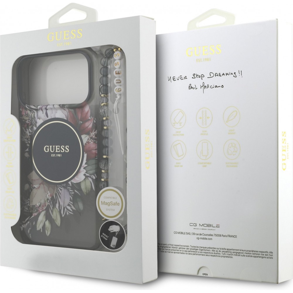 iPhone 17 Pro Max Case Hülle - Guess IML Blumen mit Handgelenk-Kette, kompatibel mit MagSafe elegante und trendige Schutzhülle - Schwarz