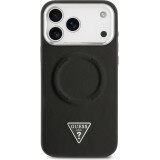 Coque iPhone 17 Pro Max - Guess MagSafe cuir PU avec logo triangle et cadre caméra métal argenté - Noir