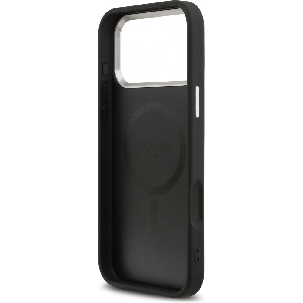 Coque iPhone 17 Pro Max - Guess MagSafe cuir PU avec logo triangle et cadre caméra métal argenté - Noir