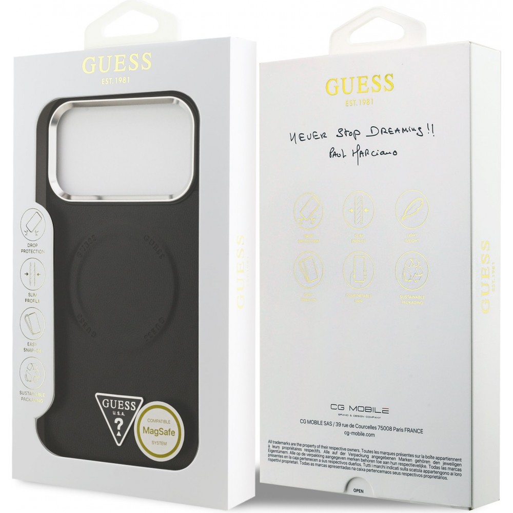 Coque iPhone 17 Pro Max - Guess MagSafe cuir PU avec logo triangle et cadre caméra métal argenté - Noir