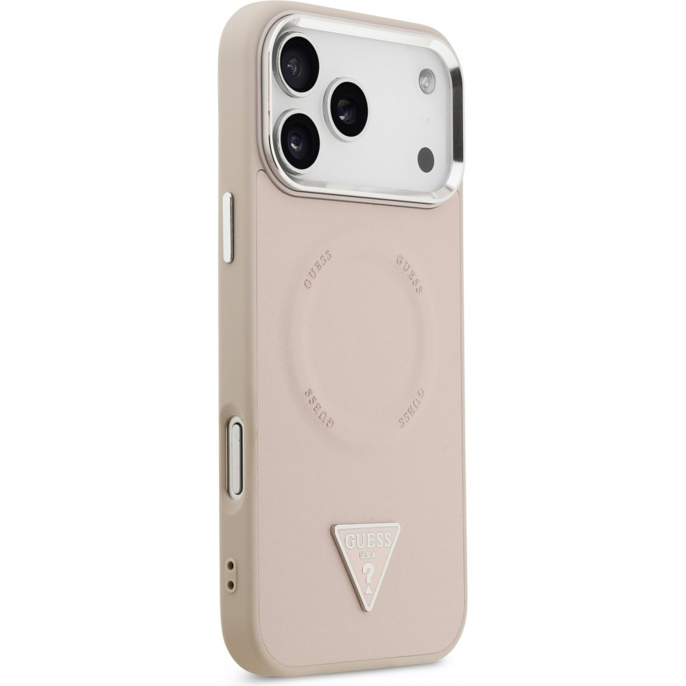 iPhone 17 Pro Max Case Hülle - Guess MagSafe PU-Leder mit Triangel-Logo und silbernem Kamerarahmen - Rosa