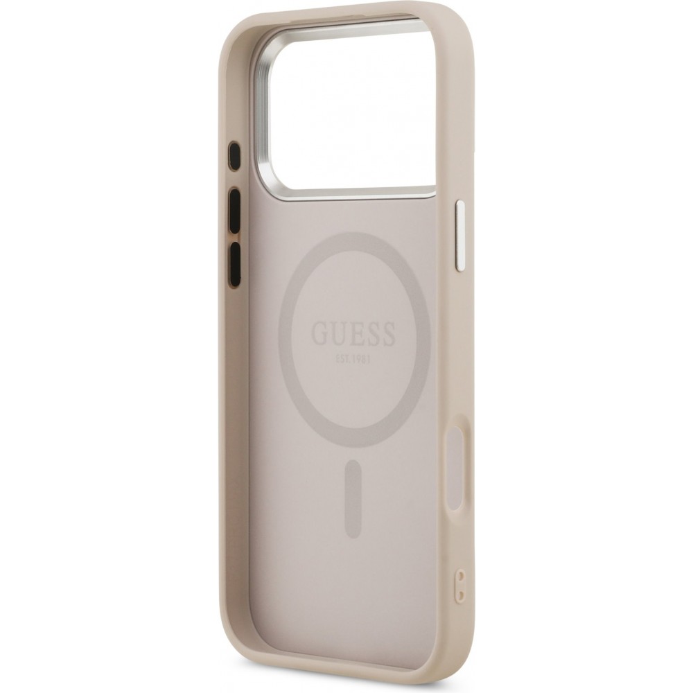 iPhone 17 Pro Max Case Hülle - Guess MagSafe PU-Leder mit Triangel-Logo und silbernem Kamerarahmen - Rosa