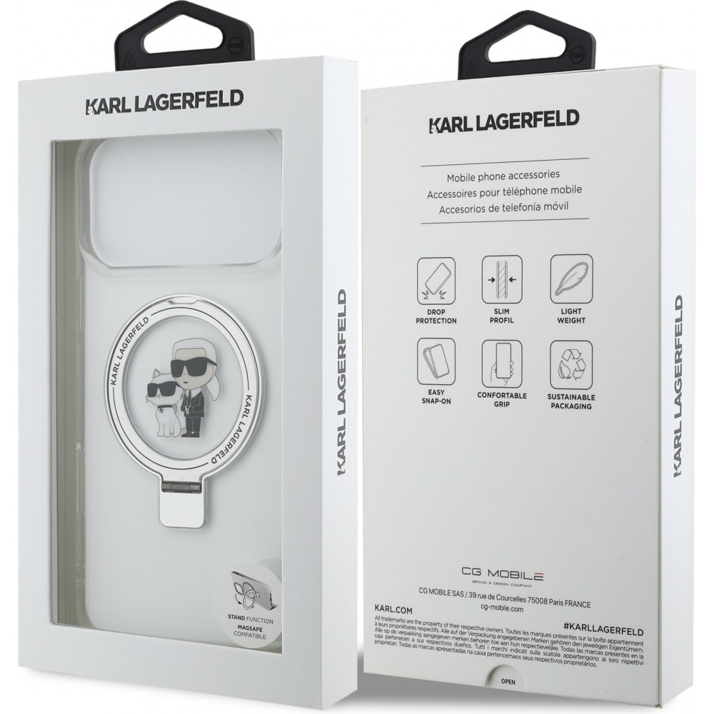 Coque iPhone 17 Pro Max - Karl Lagerfeld et Choupette Ringstand MagSafe avec anneau support - Blanc