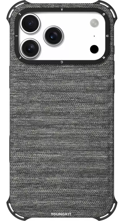 Coque iPhone 17 Pro Max - Youngkit Canvas en tissu et coins renforcés en silicone compatible MagSafe - Gris