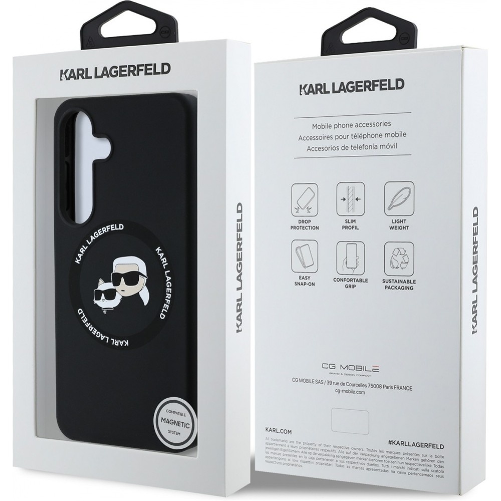 Coque Samsung Galaxy S25 - Karl Lagerfeld Liquid en silicone avec design Karl et Choupette compatible MagSafe - Noir