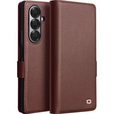 Coque Samsung Galaxy Z Fold7 - Flip Qialino Full grain Wallet cuir véritable mat avec fermeture magnétique - Brun