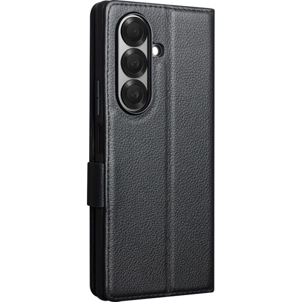 Galaxy Z Fold7 Case Hülle - Flip Qialino Full Grain Wallet Echtleder matt mit Magnetverschluss - Schwarz