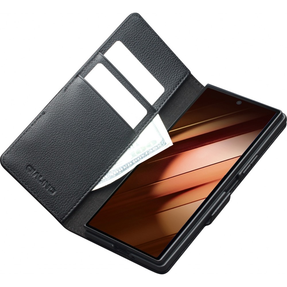 Galaxy Z Fold7 Case Hülle - Flip Qialino Full Grain Wallet Echtleder matt mit Magnetverschluss - Schwarz