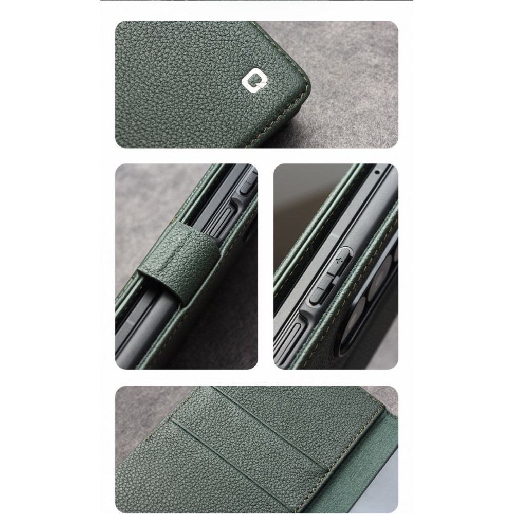 Coque Samsung Galaxy Z Fold7 - Flip Qialino Full grain Wallet cuir v&eacute;ritable mat avec fermeture magn&eacute;tique - Vert