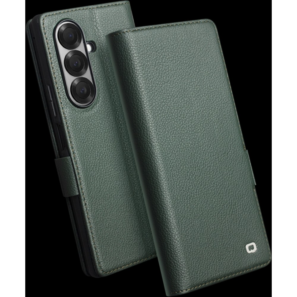 Coque Samsung Galaxy Z Fold7 - Flip Qialino Full grain Wallet cuir v&eacute;ritable mat avec fermeture magn&eacute;tique - Vert
